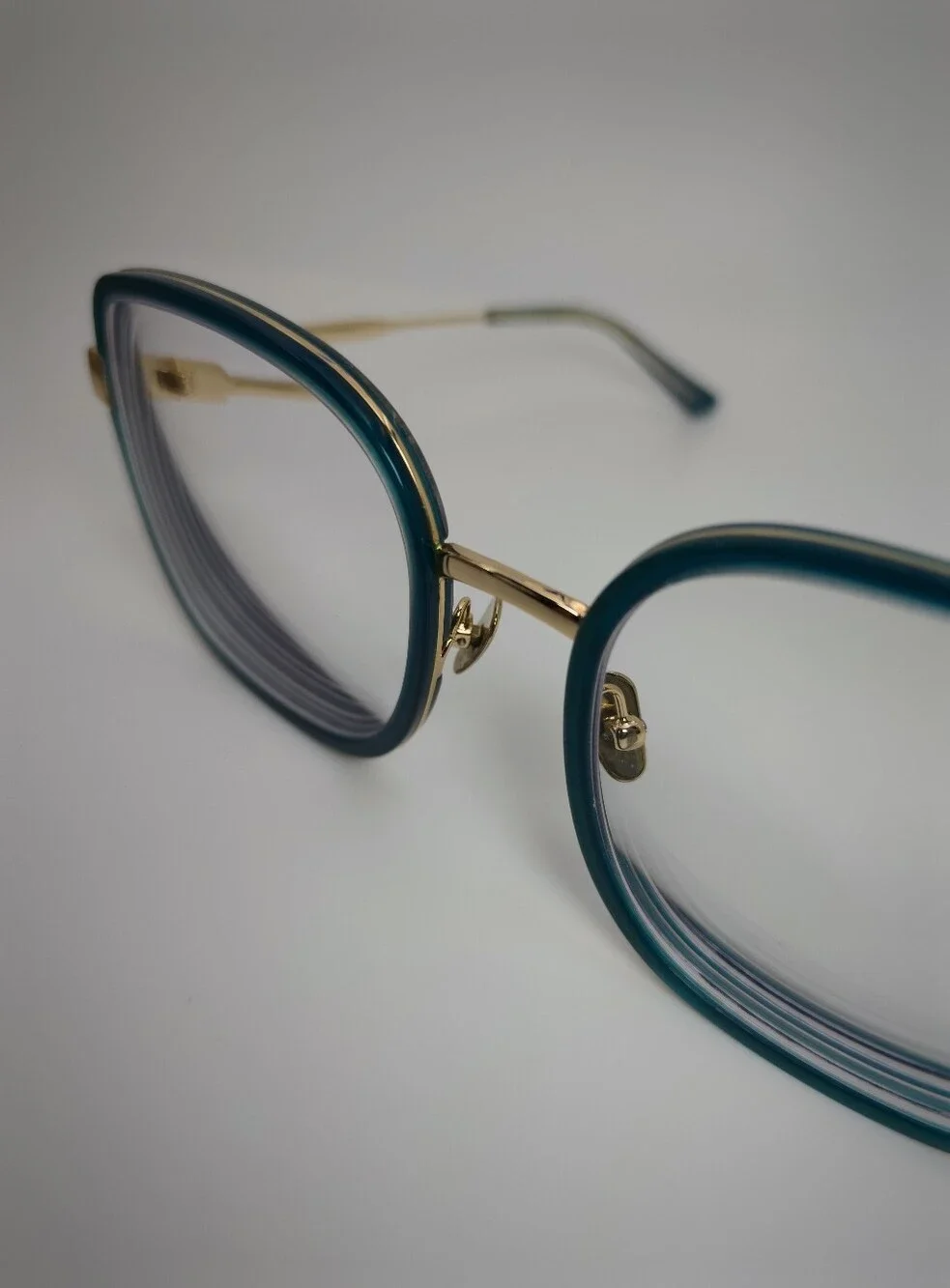 Margot. Stylish Teal Square Women's Eyewear with Gold Accents. Full Metal Frame.
